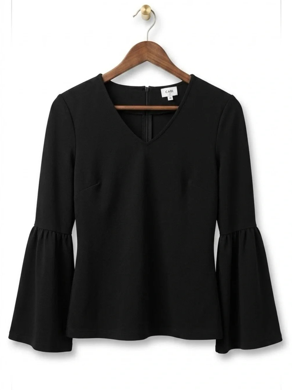 Cabi Its A Party Black Bell Sleeve V-Neck Top Back Exposed Zip XS #3500